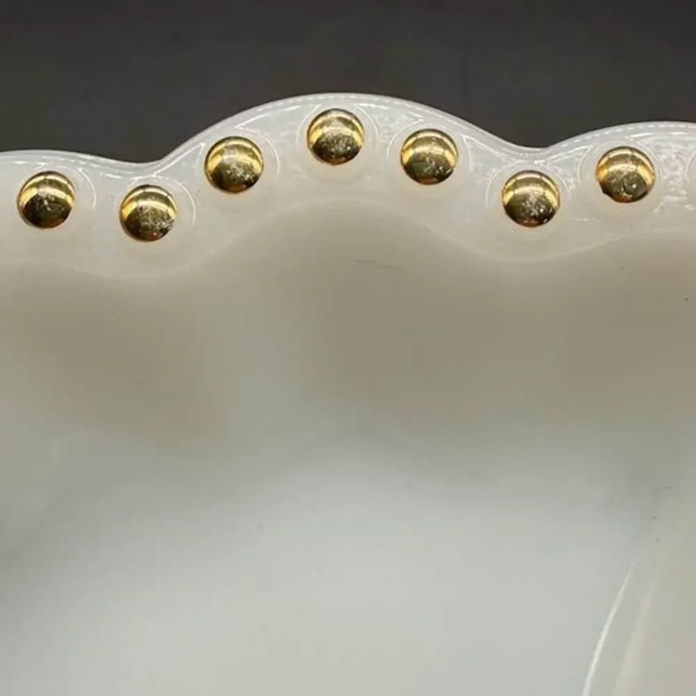 Vintage Fire-King Milk Glass Gold Beaded Divided Relish Dish